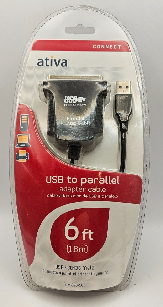 Ativa USB to Parallel Printer Cable 6ft Adapter Cable M24 Laptop USB ~ New