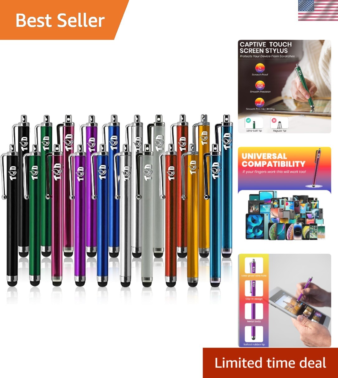 TCD 20 Pack Stylus Pen Set - Touch Screen Devices, Thick Rubber Tip - Multi
