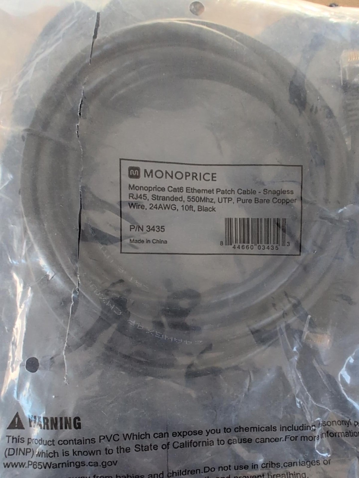 Monoprice Cat6 Ethernet Cable 10ft Black RJ45 550MHz UTP 24AWG P/N 3435 NEW