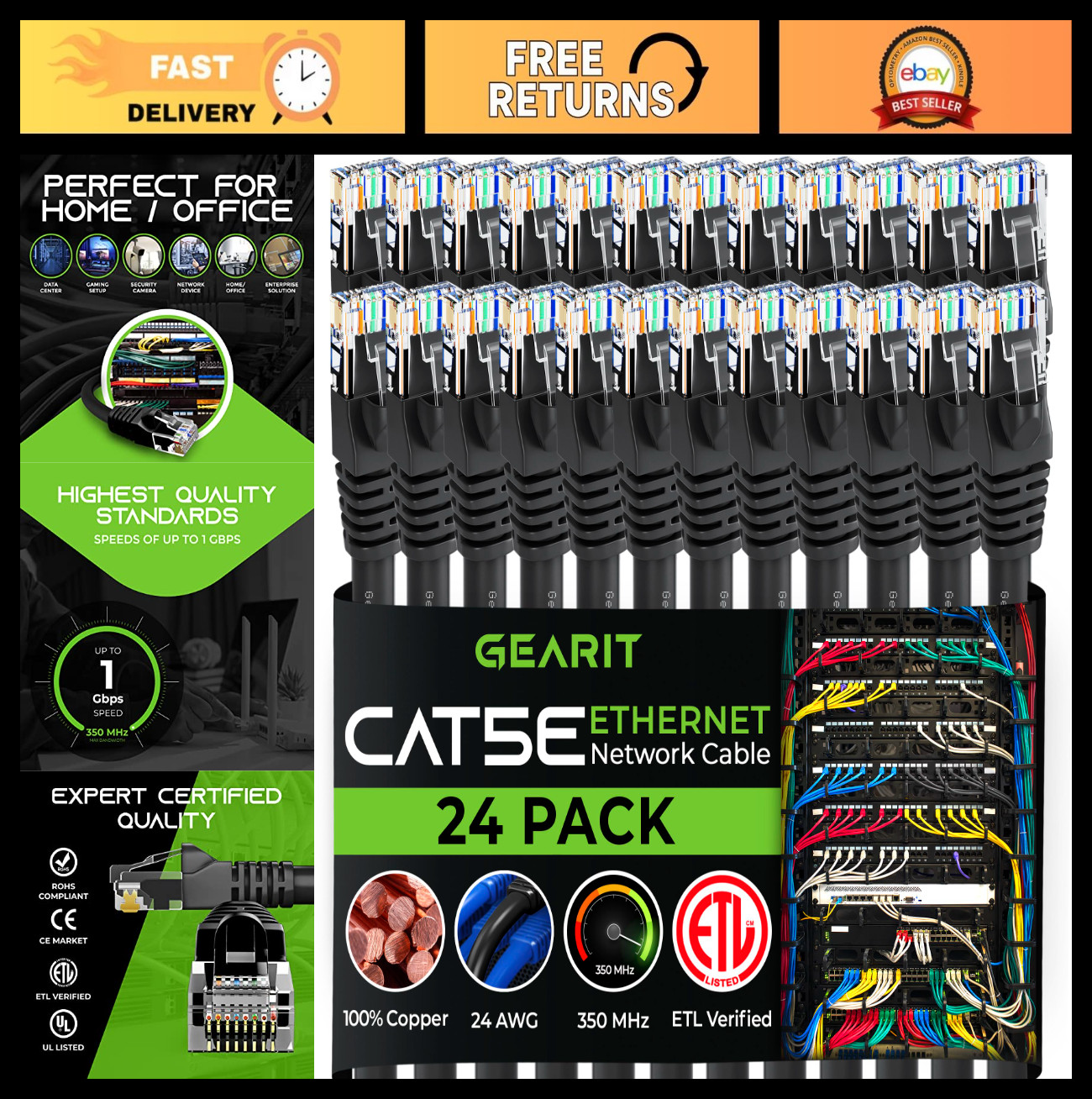 24-Pack Cat5e Ethernet Patch Cable 1ft - Snagless RJ45 LAN Network Cord, Black