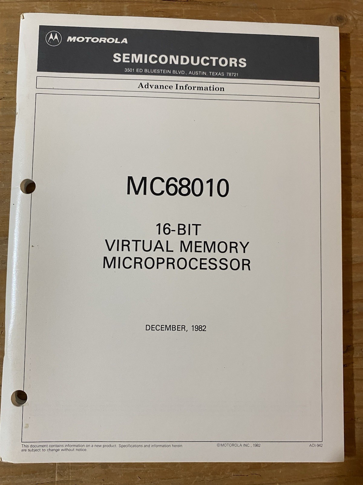 Motorola MC68010 16-Bit Virtual Memory Microprocessor Advance Info 1982