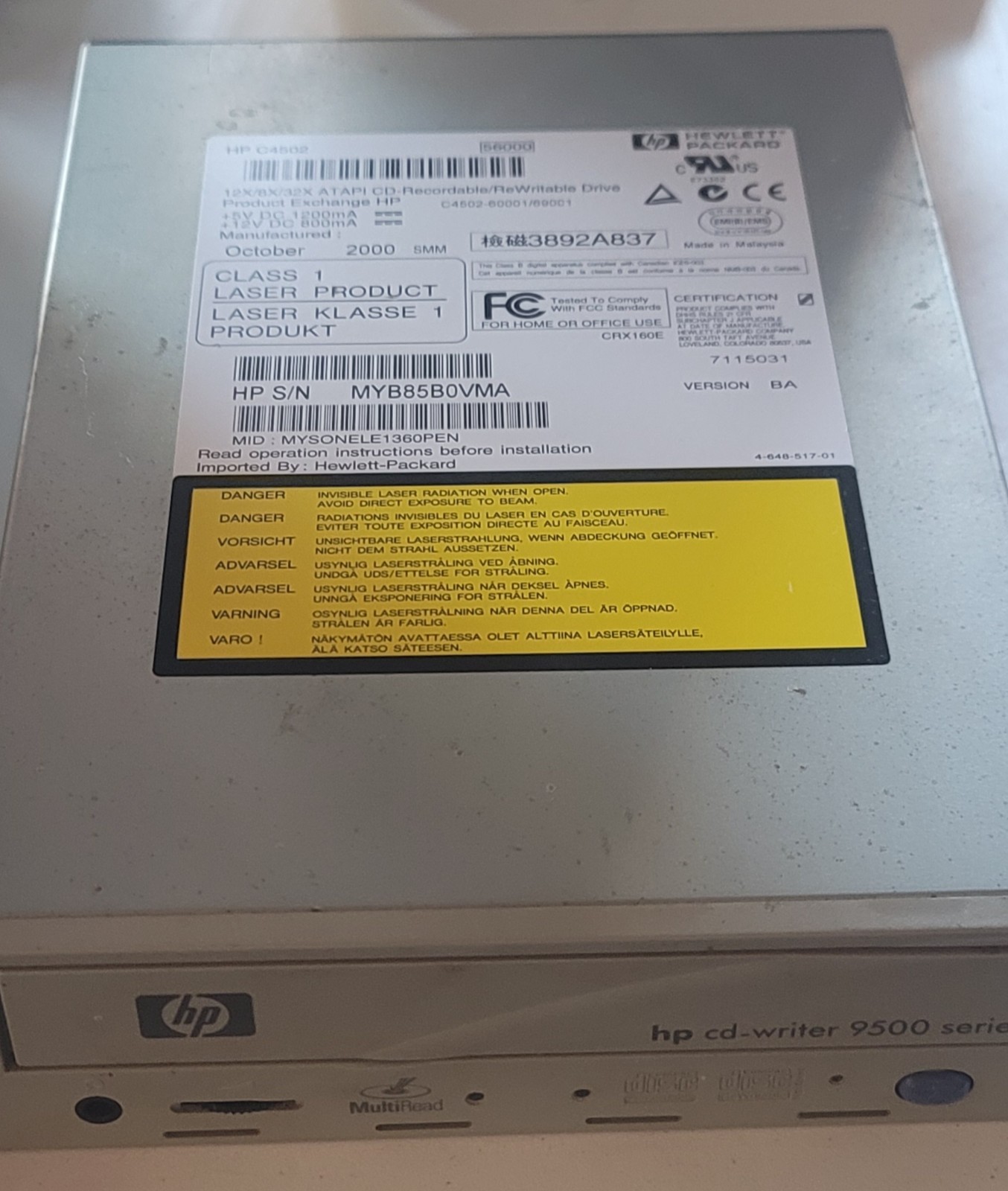 HP CD-Writer 9500 Series Internal IDE CD-RW Drive MultiRead Untested As-Is Part