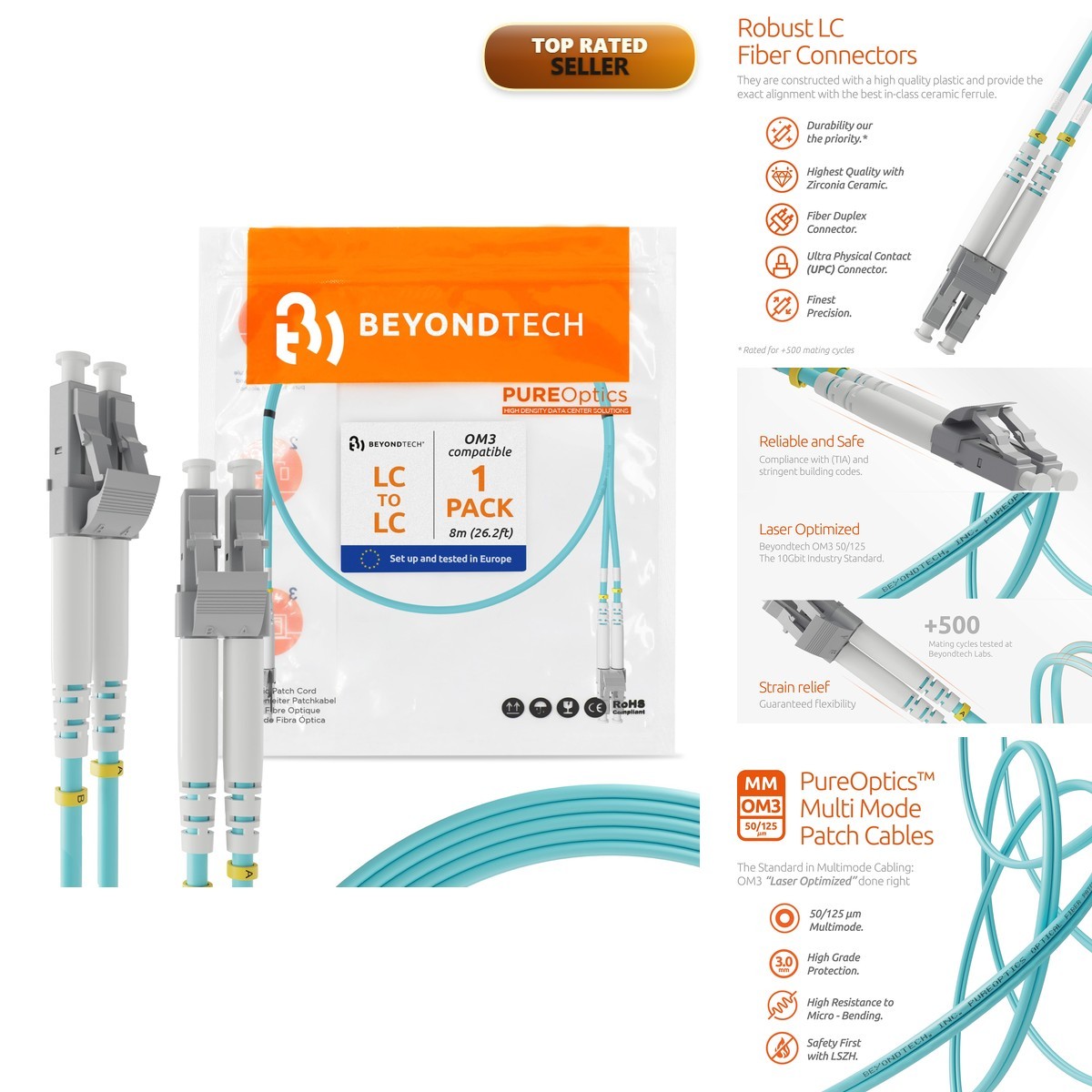 BEYONDTECH 8m LC to LC Multimode Duplex Fiber Cable 50/125µm OM3 10G LSZH