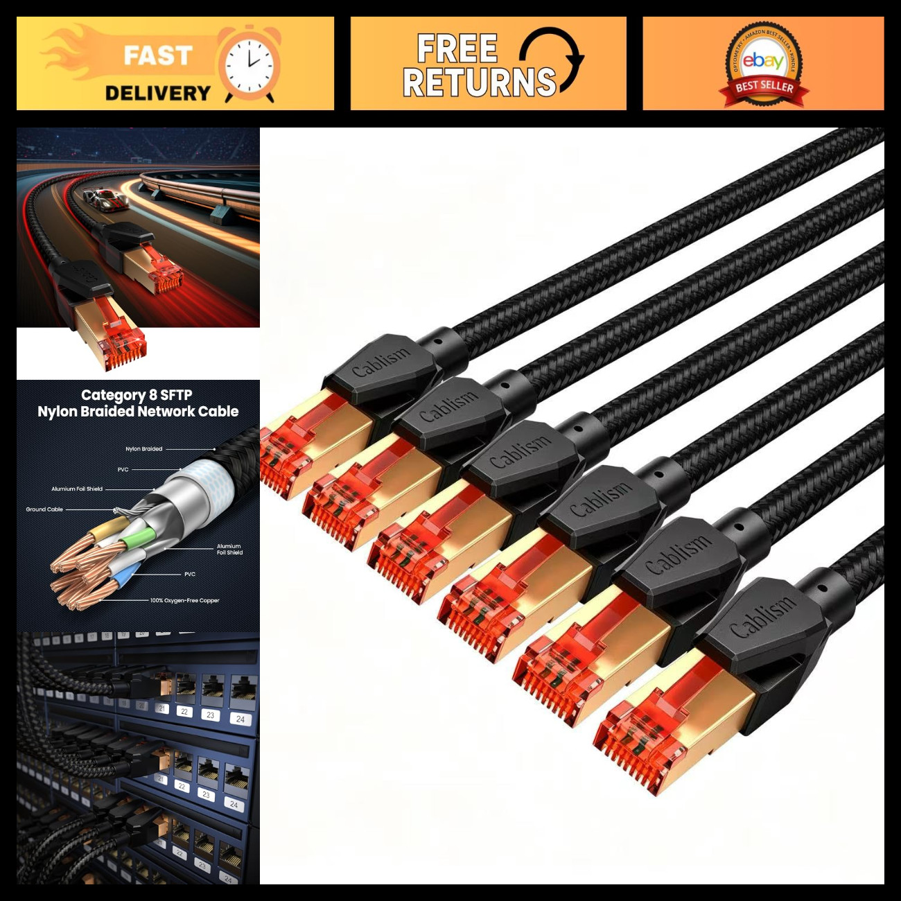 6-Pack 3FT Cat 8 Ethernet Cables - High Speed 40Gbps, 2000MHz, Short Network Cor