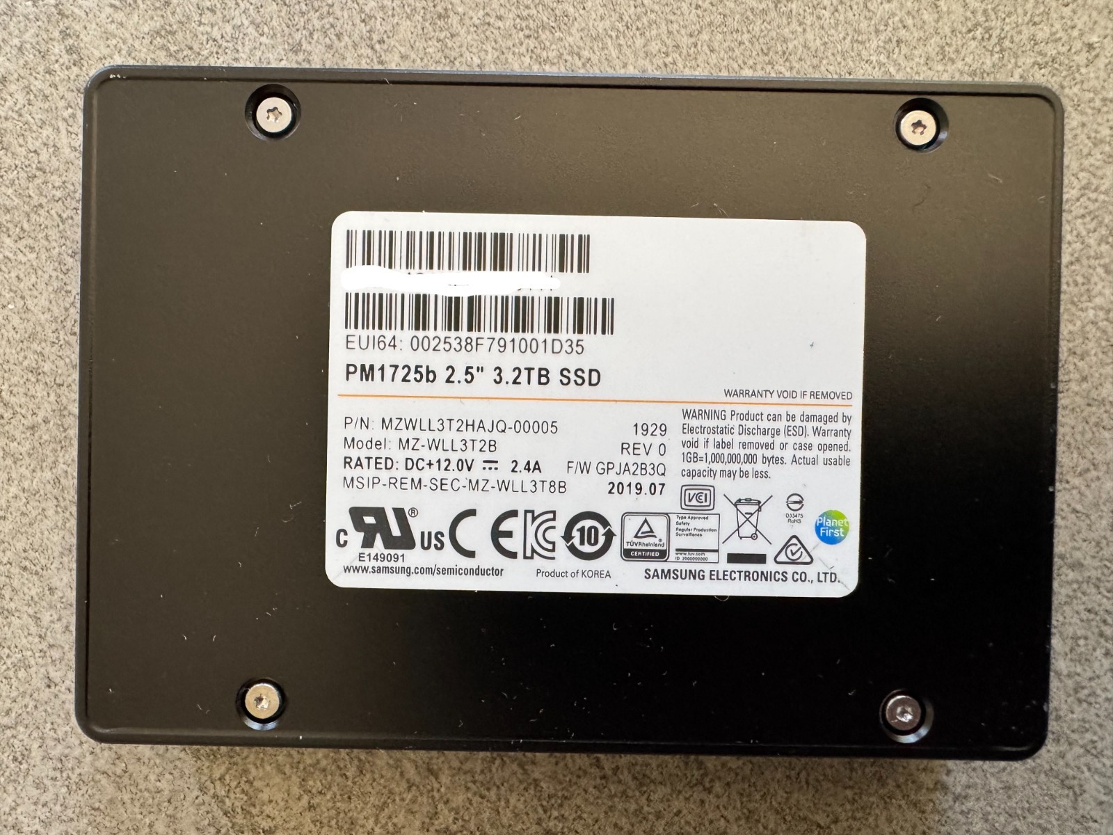 Samsung PM1725b 3.2TB U.2 NVMe PCIe SSD MZWLL3T2HAJQ Low Hrs 0% Wear 100% Health