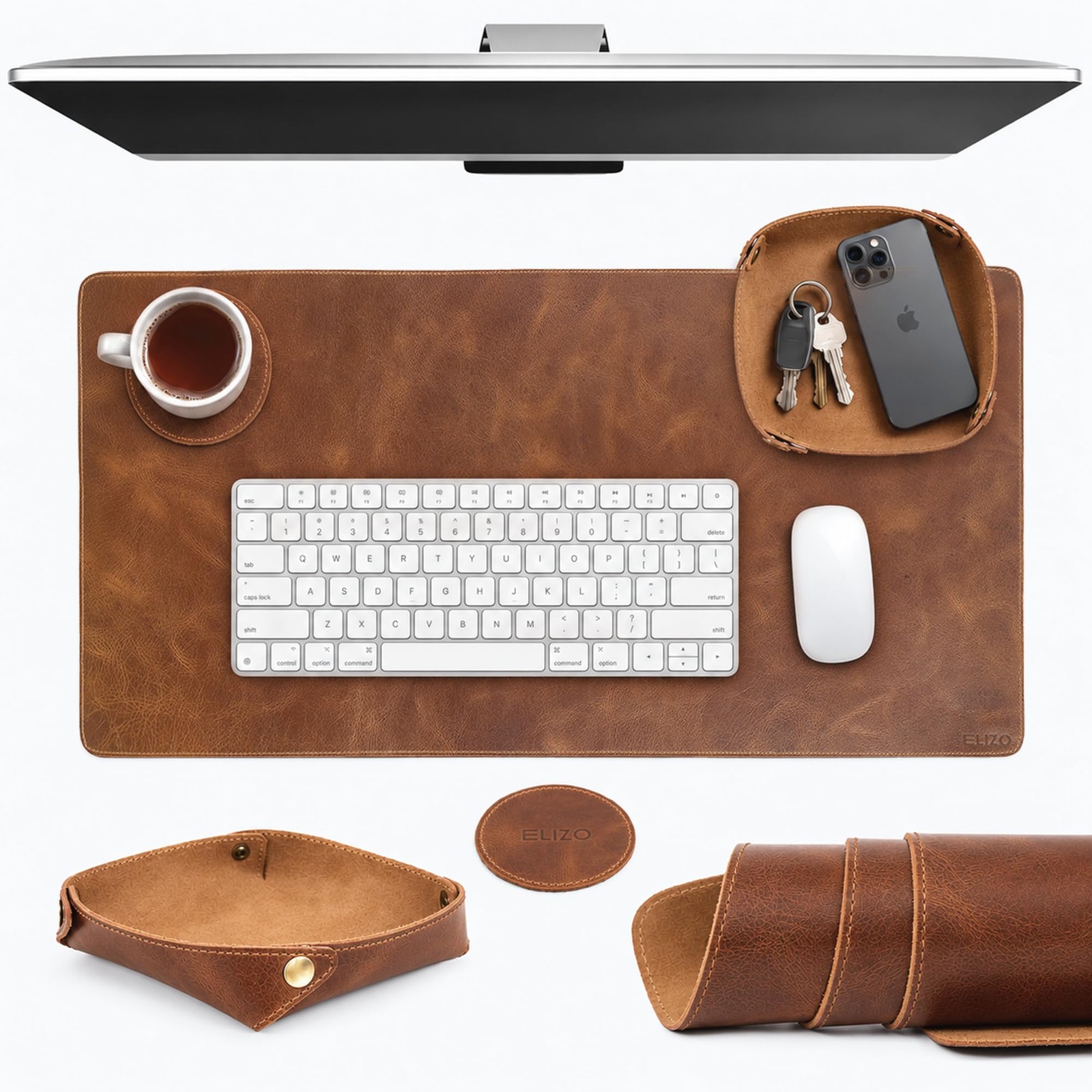 Real Leather Desk Mat Set (32x16) Large Desk Cover Desk Blotter Protector Com...