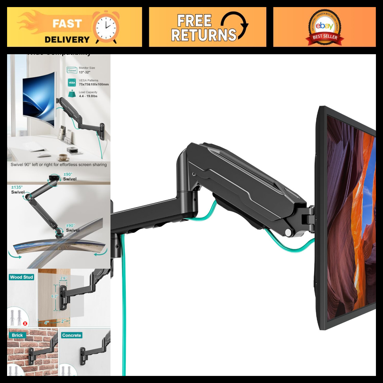 Height Adjustable Single Monitor Wall Mount for 13-32" Screens, Full Motion VESA