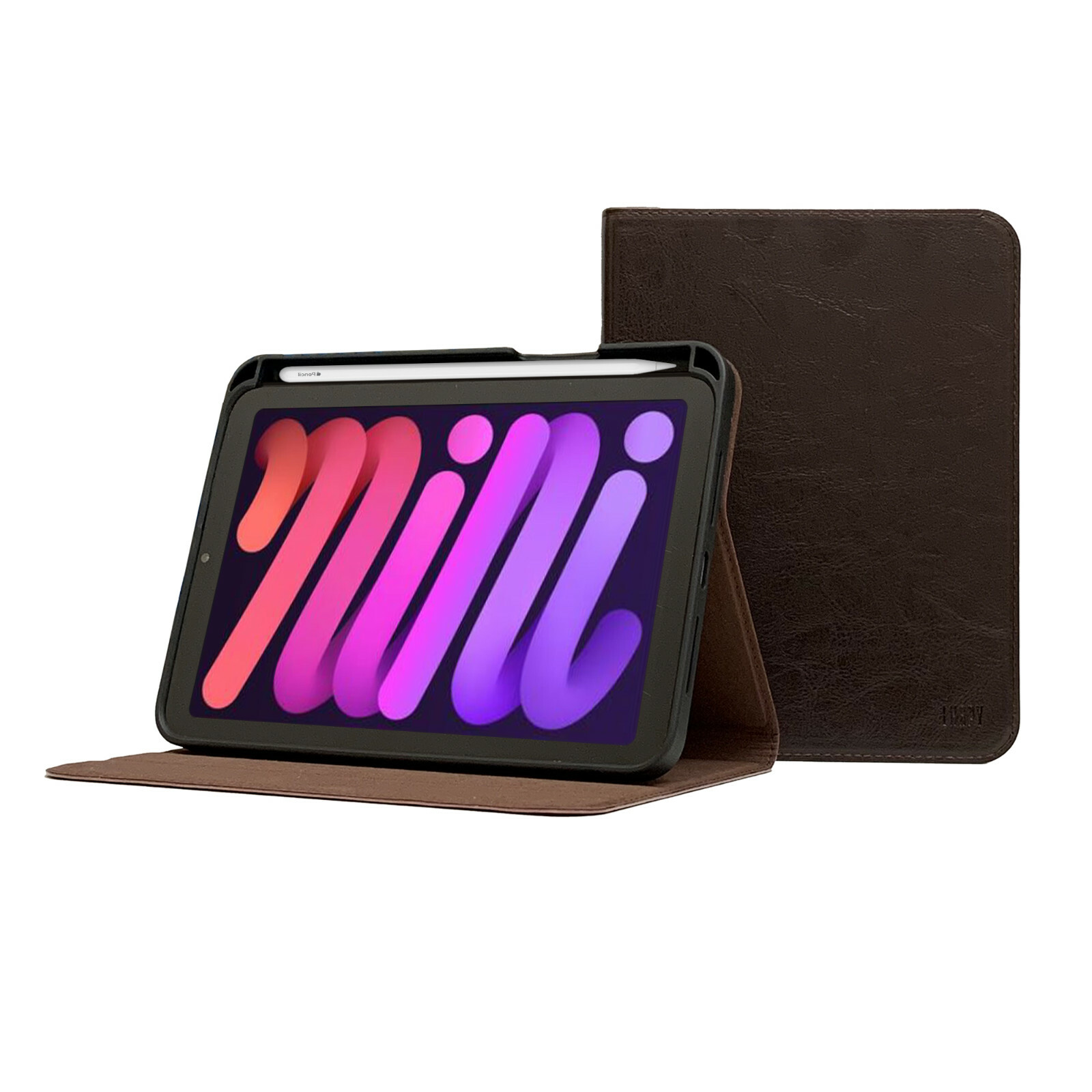 iPad Mini 6 Dark  Brown Genuine Leather Case - With Pencil Holder - Sleep/Wake