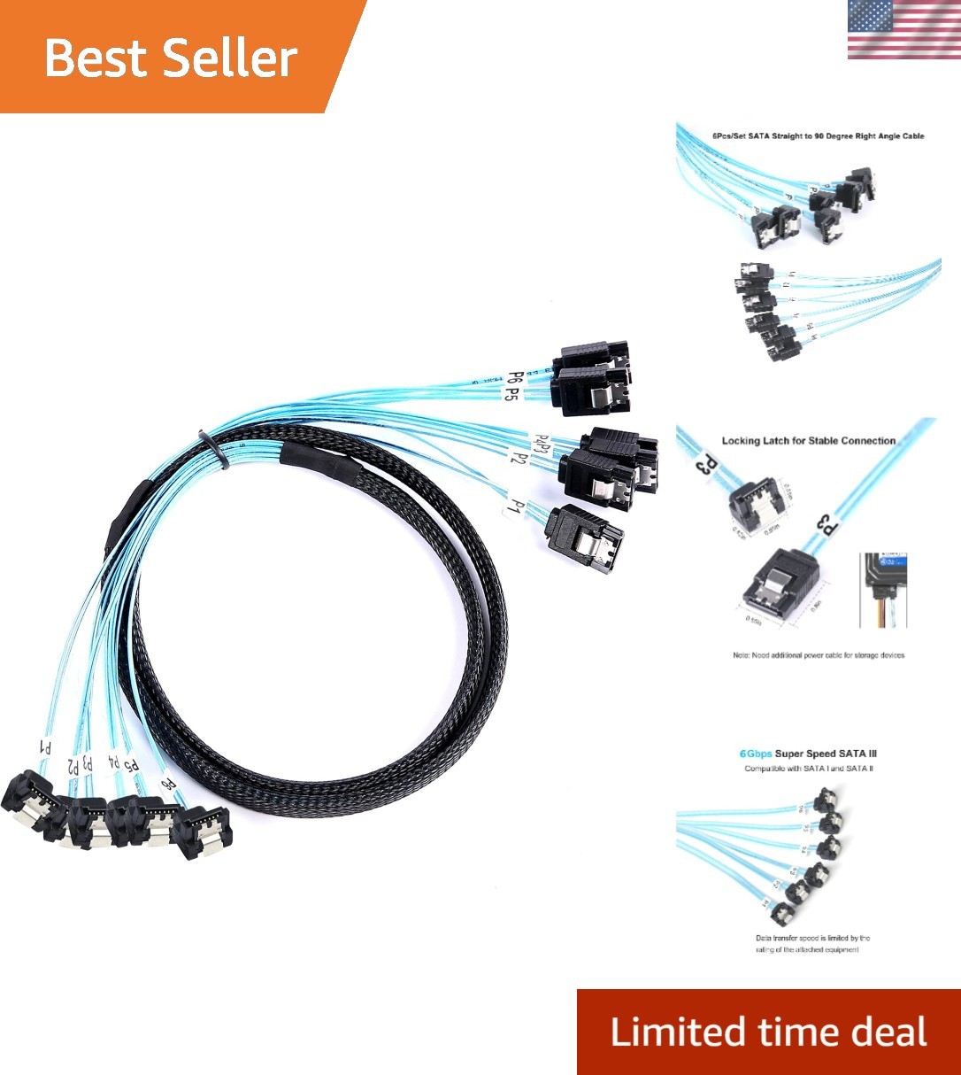 SATA-III Cable:1M 6Pcs/Set 90-Degree SATA Right-Angle Cable Long