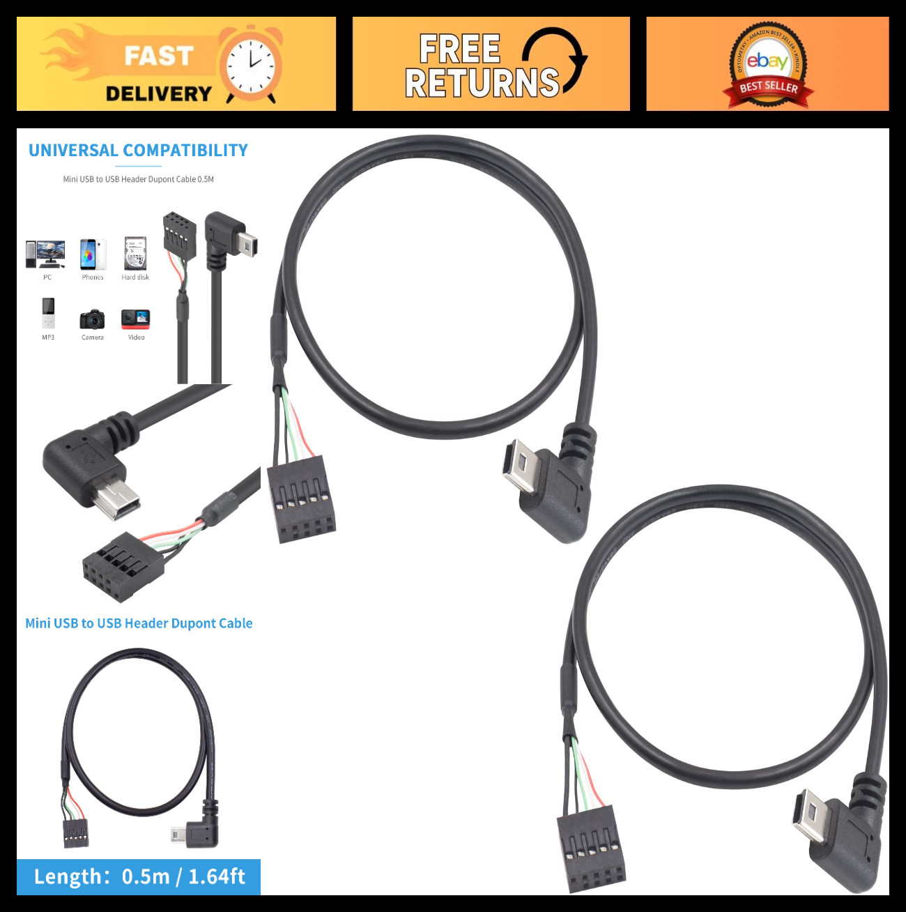 Mini USB to Motherboard Cable 90° Right Angle Adapter 1.5FT 9 Pin Dupont Connect