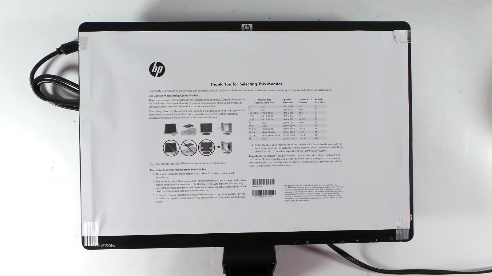 HP LE1901w/LE2201w 19" Widescreen LCD Monitor VGA 16:10 NK570AA 516736-001