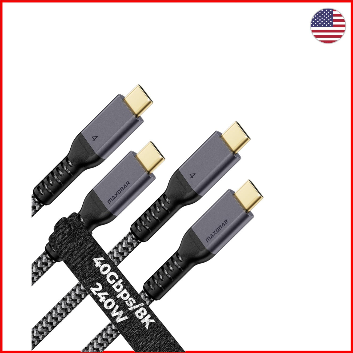 Durable Thunderbolt 4 Cables 2-Pack – 40Gbps, 240W Power Delivery, 3.3FT Length