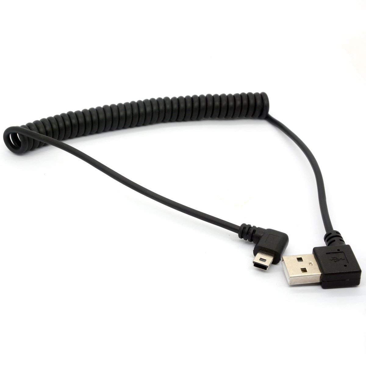Coiled Mini USB Cable, 90 Degree Spring 2.0 to 3 feet, Black