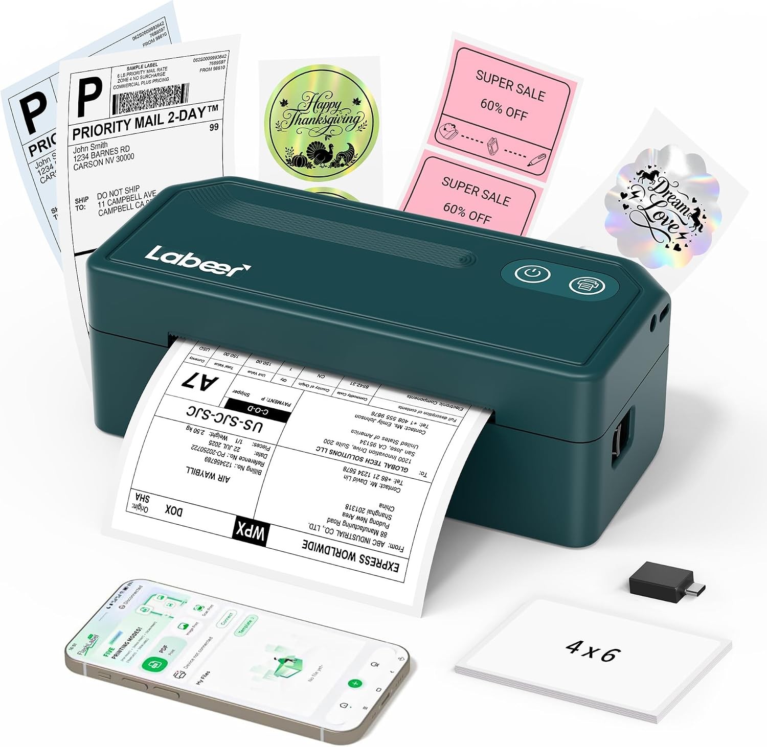 Bluetooth Thermal Shipping Label Printer Wireless 4x6 Printer Green