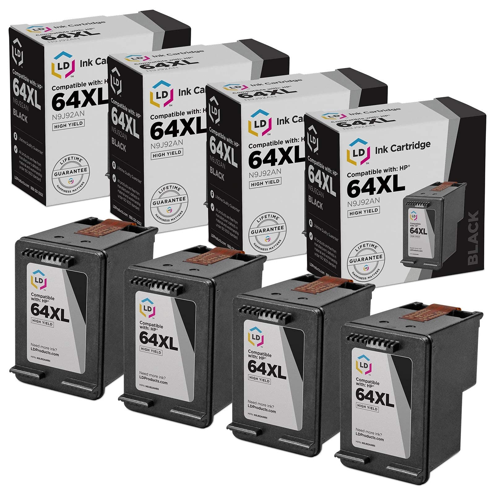 LD Replacement HP 64XL High Yield Black Ink 4PK for ENVY 6255, 7155, 7855