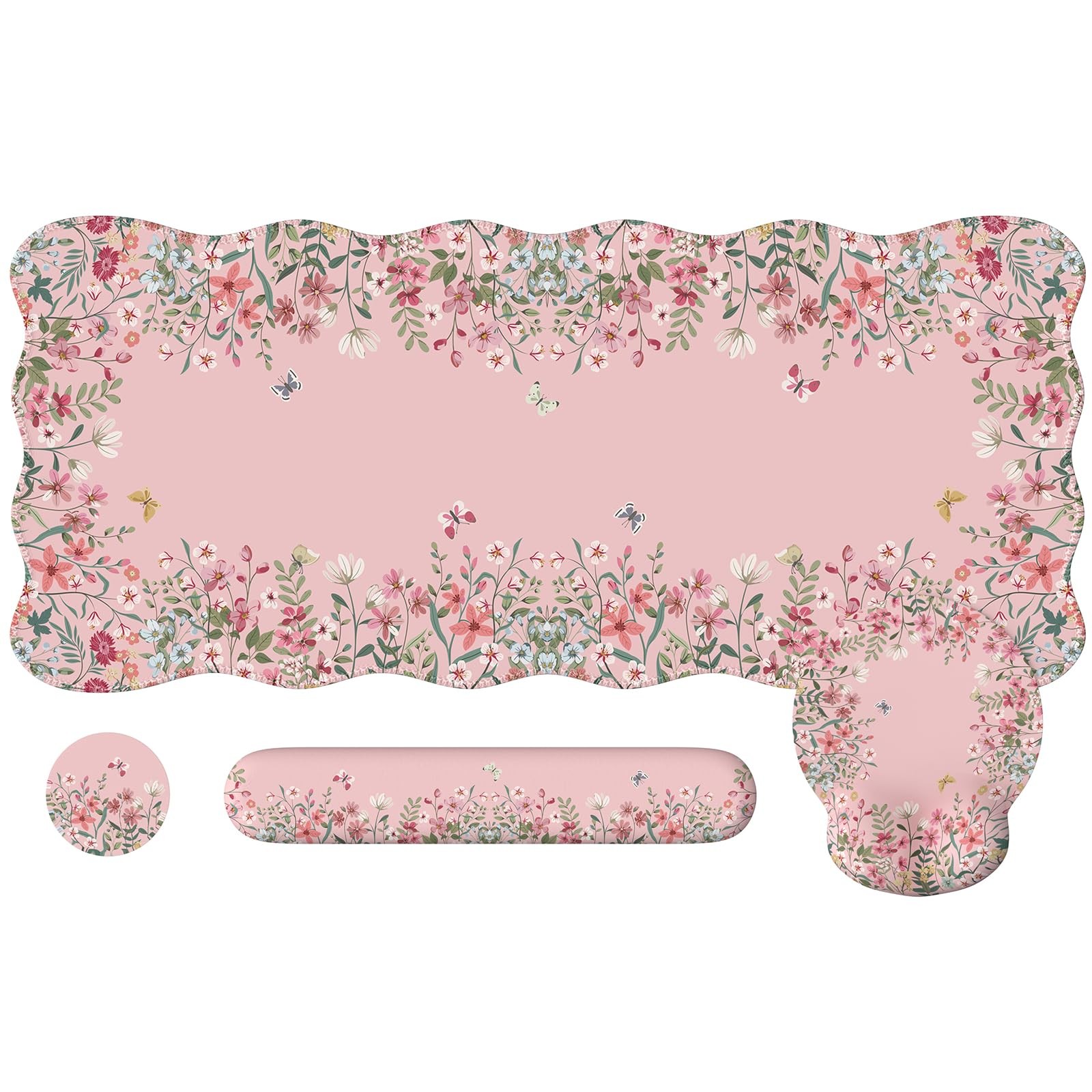Pink Floral Desk Mat Set Large Mouse Pad Wrist Rest Ergonomic Keyboard Support