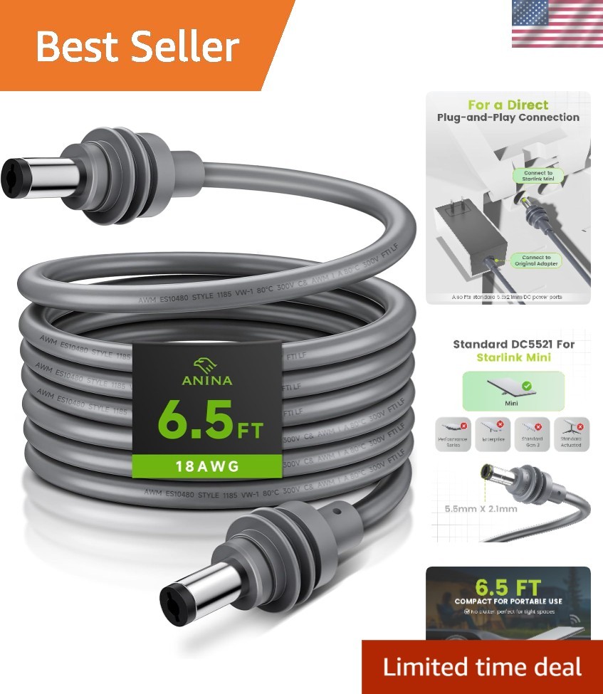 DC Power Cord for Starlink Mini 2M/6.5FT 18AWG Replacement DC Male to Male Ch...