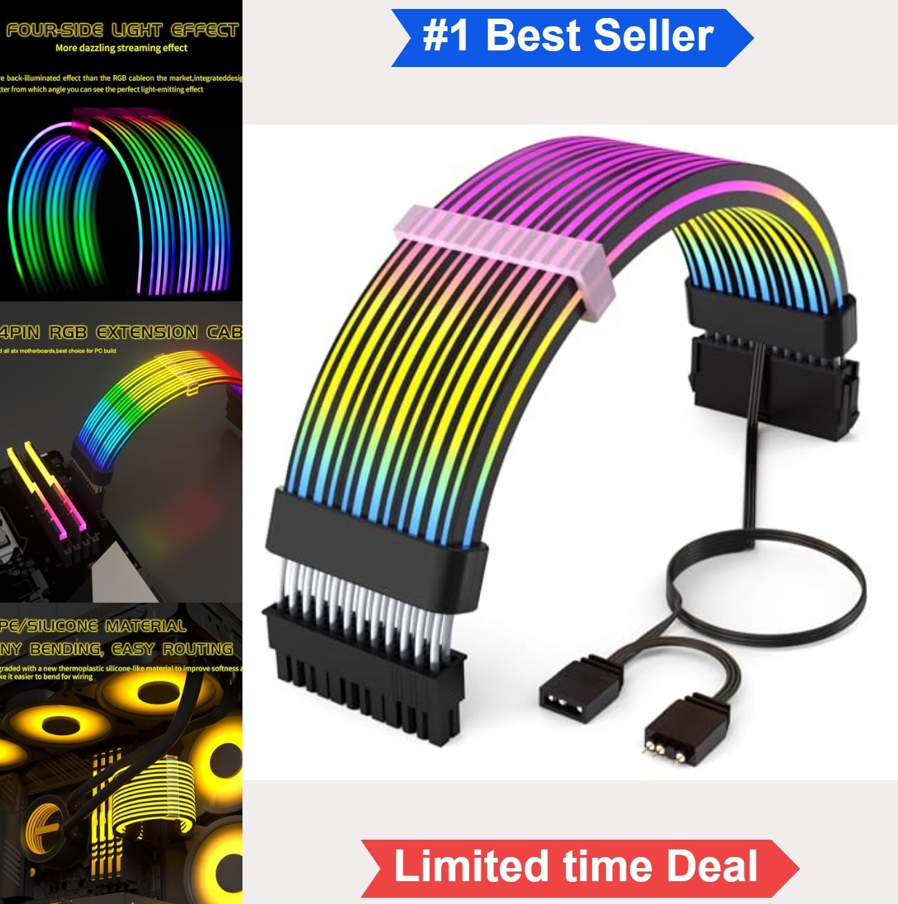 24 Pin RGB PSU Extension Cable 5V 3Pin ARGB Sync 4-Side Light 120 Bead Black