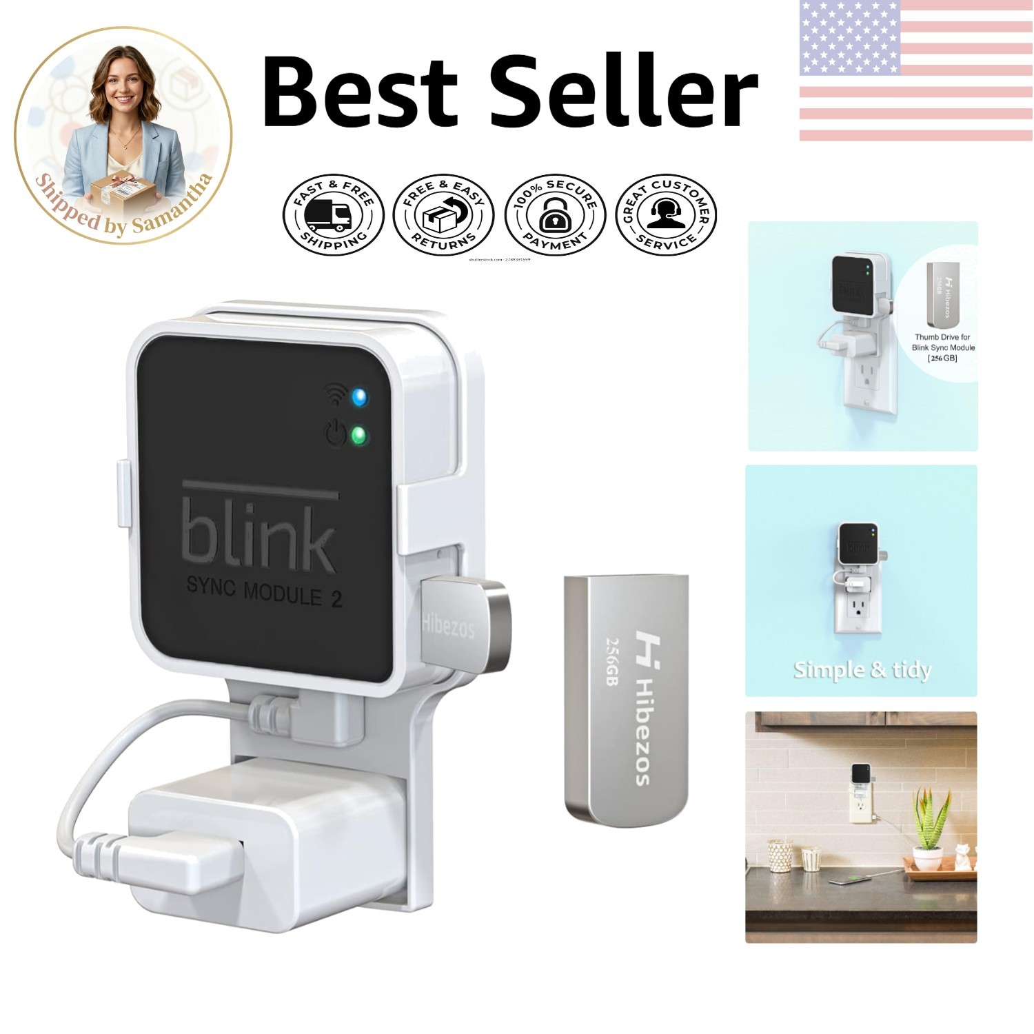 Compact 256GB USB Flash Drive & Outlet Mount for Blink Security System