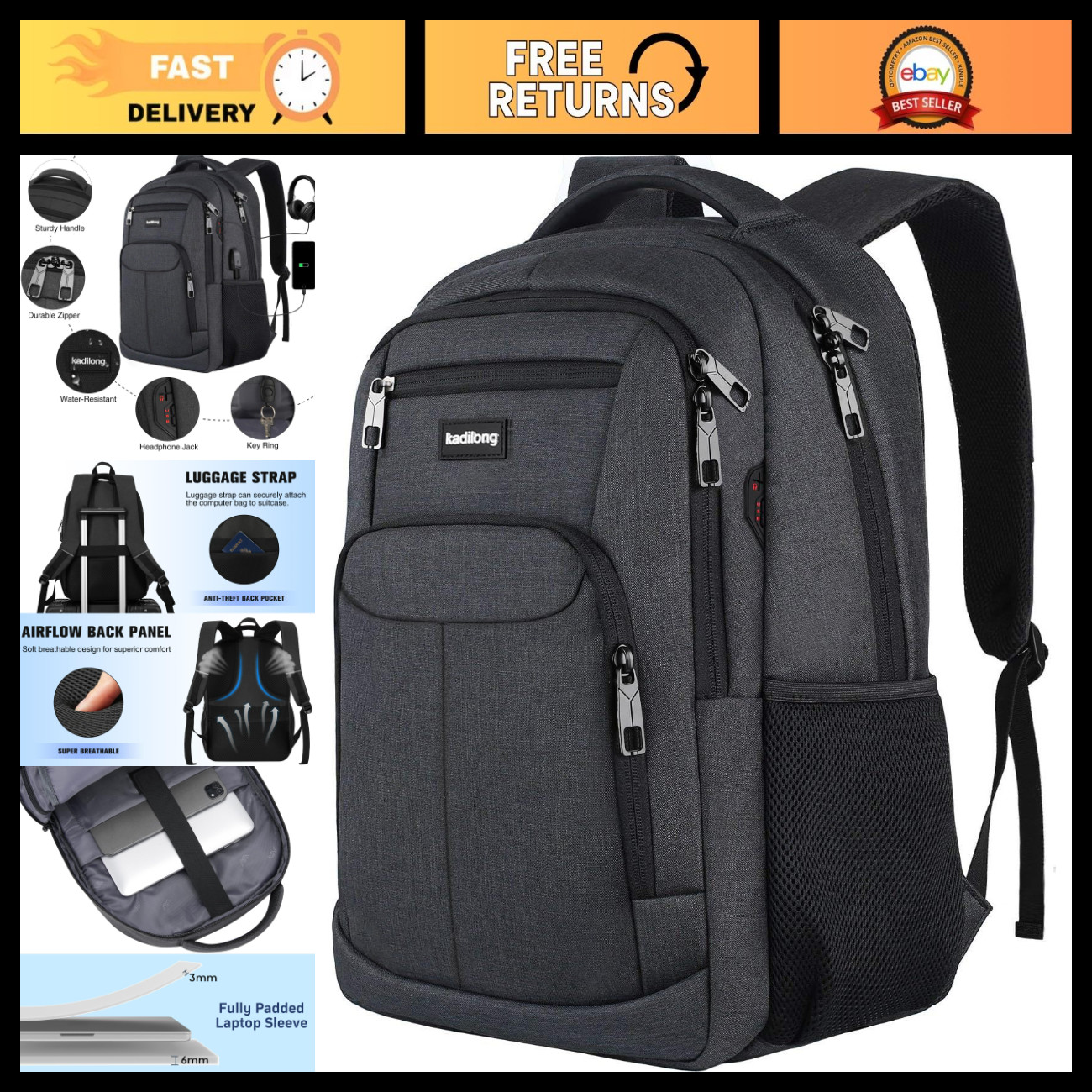 Stylish Laptop Backpack for Men & Teens, USB Charging, Fits 15.6" Laptop, Black