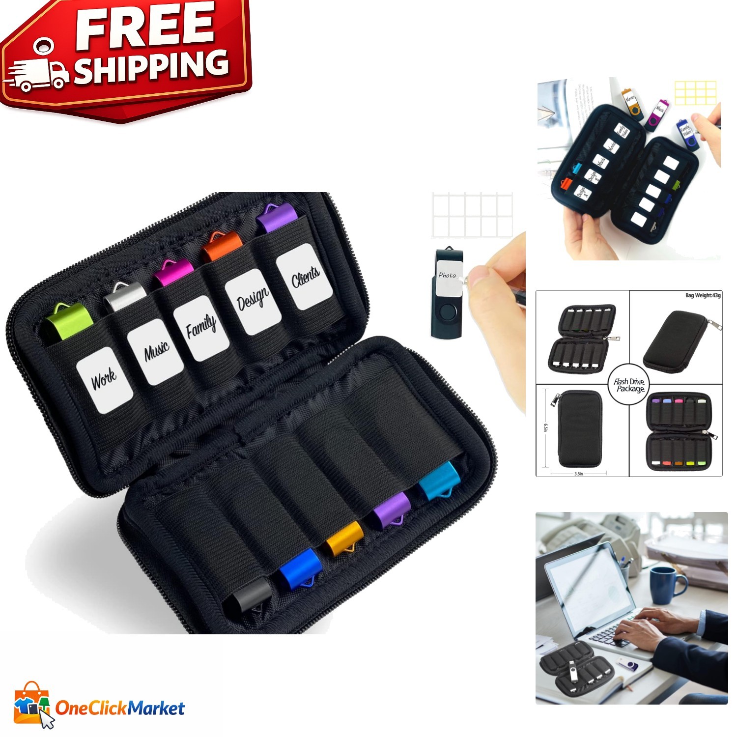 10-Slot Neoprene USB Flash Drive Case with Labels - Ultra-Slim & Portable