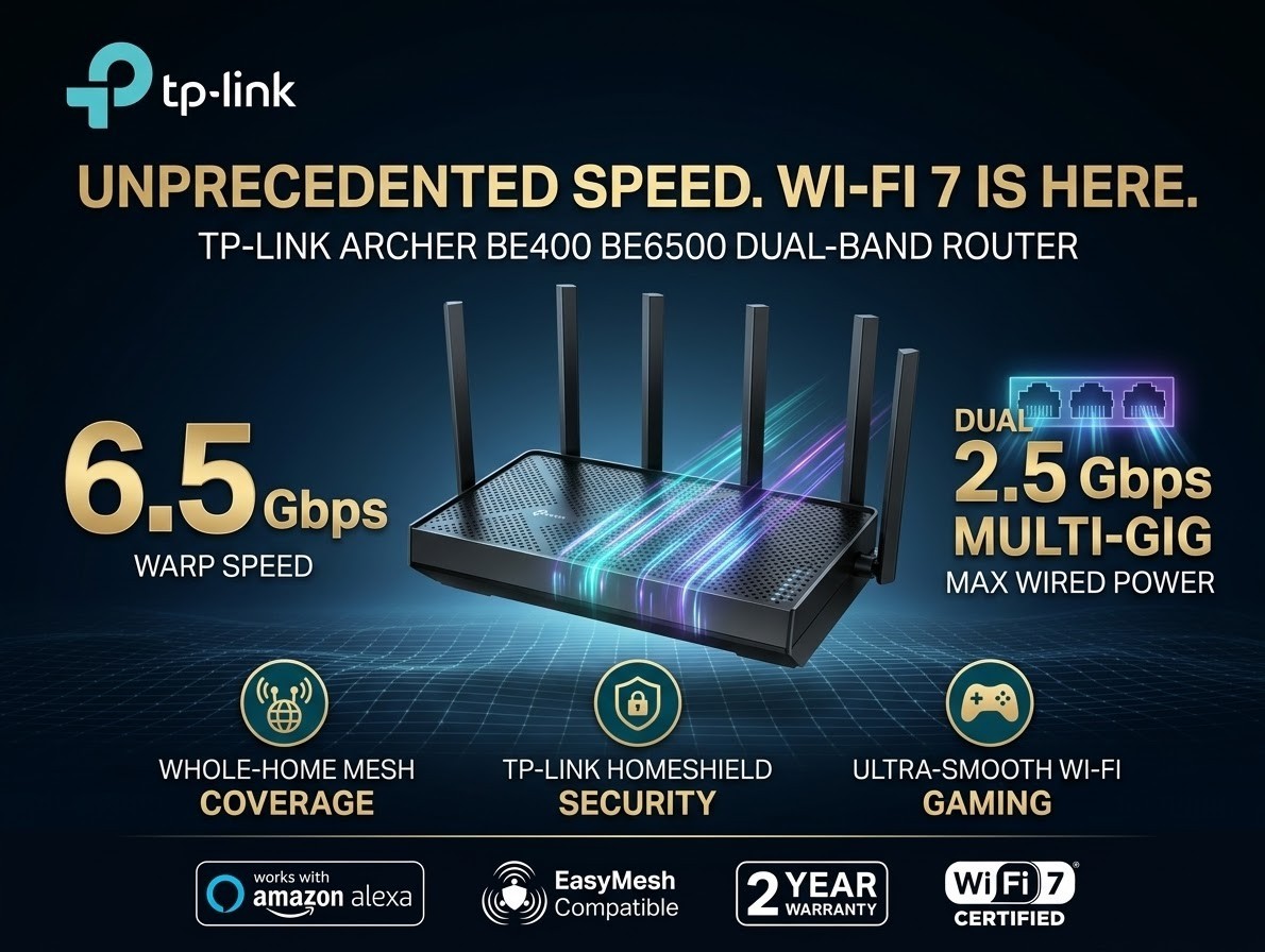 ​TP-Link (Archer BE400) BE6500 Dual-Band Wi-Fi 7 Router Black - New From Amazon 