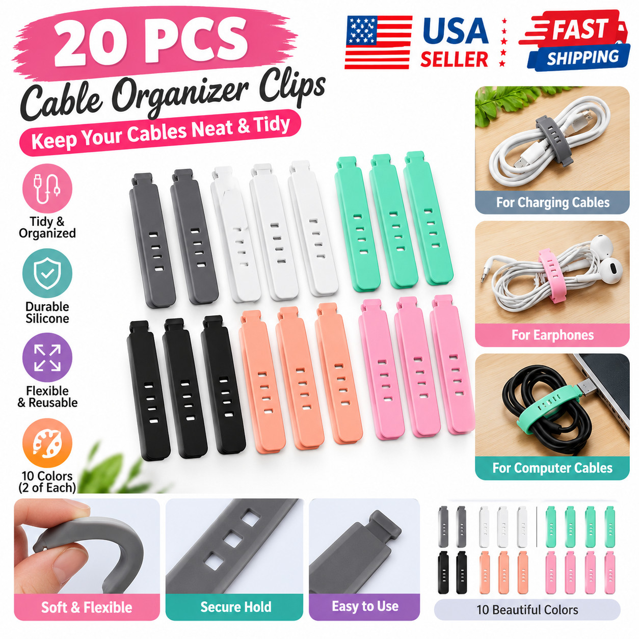 20PCS Silicone Cable Organizer Clips Wire Cord Holder Charger Earphone Ties