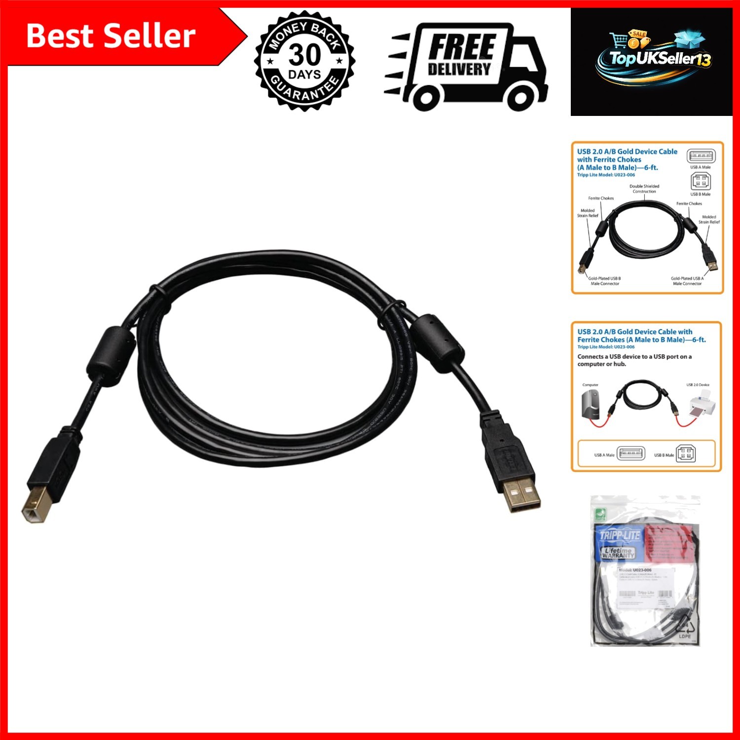 USB 2.0 Hi-Speed A/B Cable with Ferrite Chokes M/M 6-ft. , Black