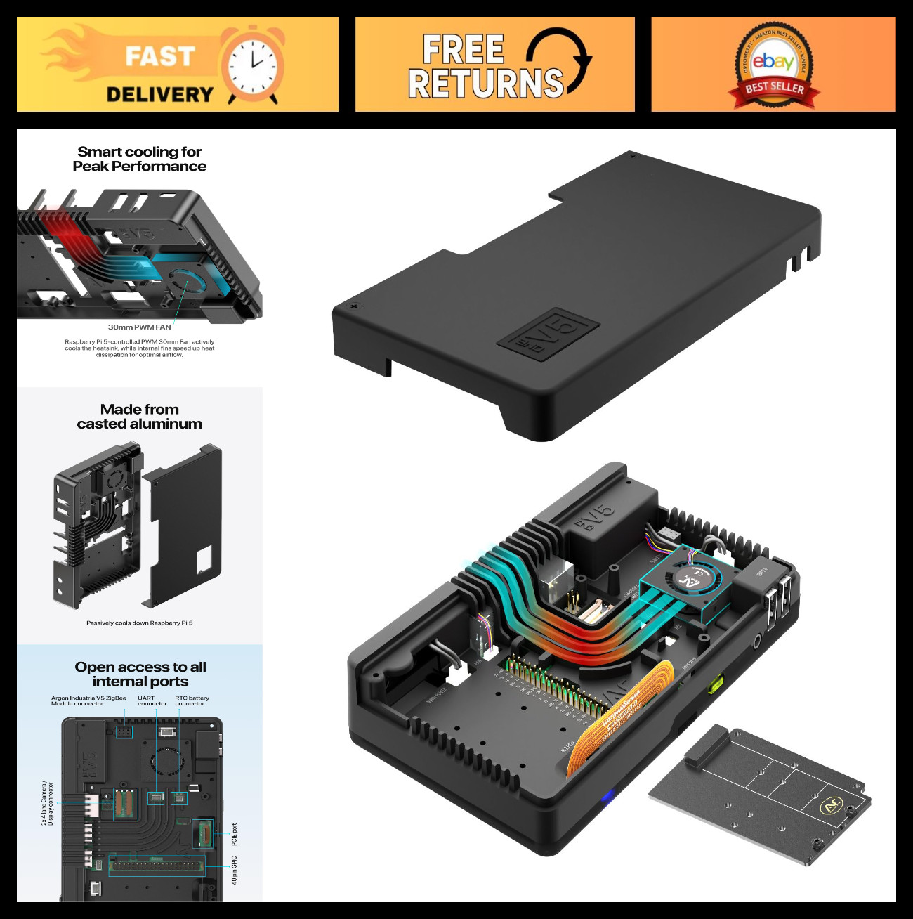 Raspberry Pi 5 Aluminum Case with Active Cooling, Dual HDMI, NVMe M.2 SSD Slot