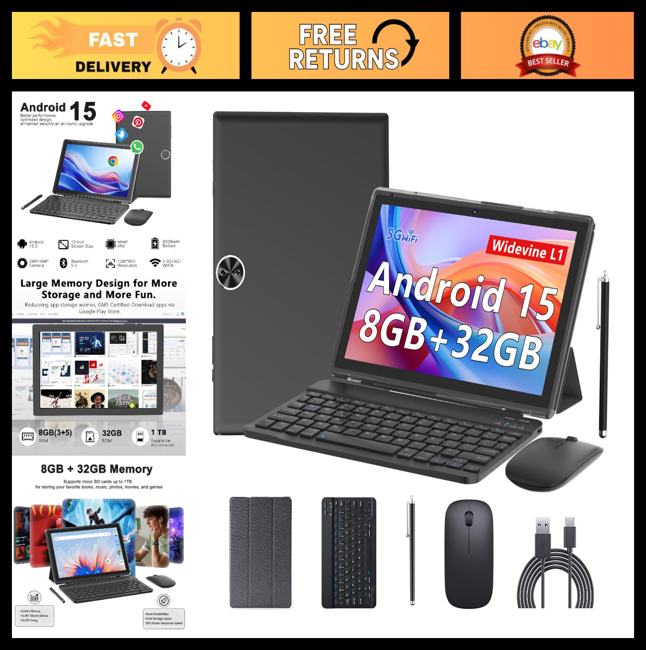 10" 2-in-1 Android Tablet with Keyboard, 8GB RAM, 64GB Storage, Wi-Fi 6, Dual Ca