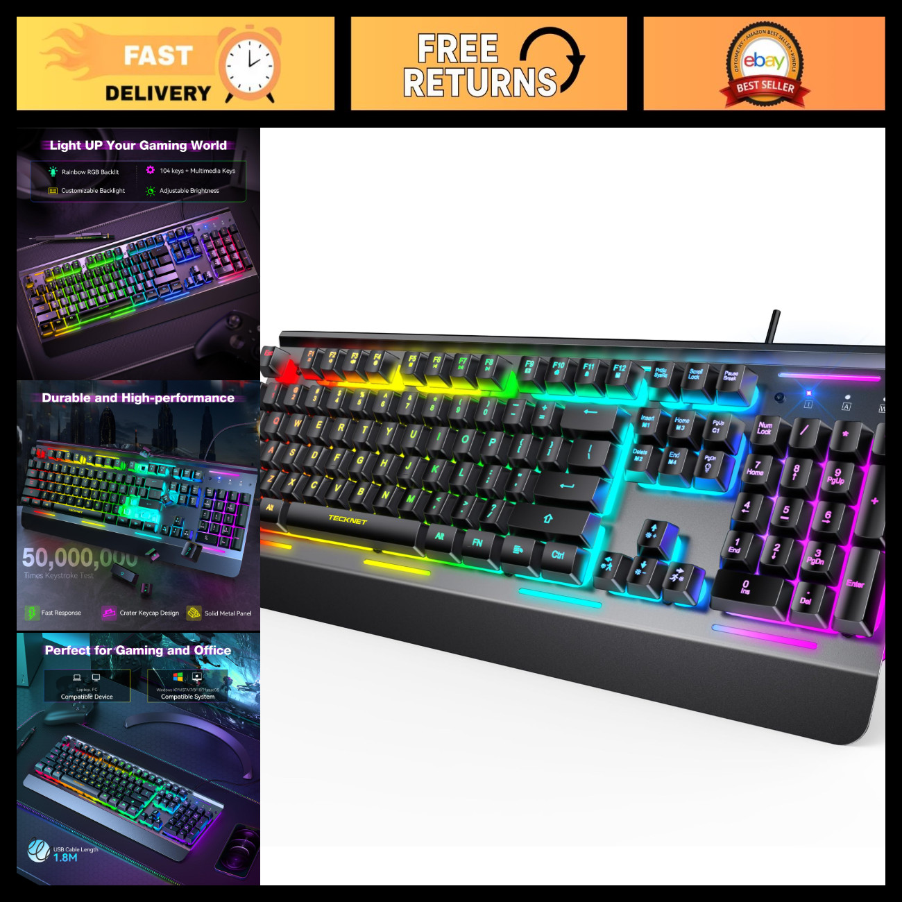 RGB Backlit Wired Gaming Keyboard - Metal Panel Design, Mechanical Feel, USB Con