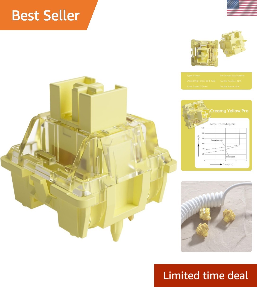 V3 Creamy Yellow Pro Keyboard Switch with Dustproof Stem for Mechanical Gamin...