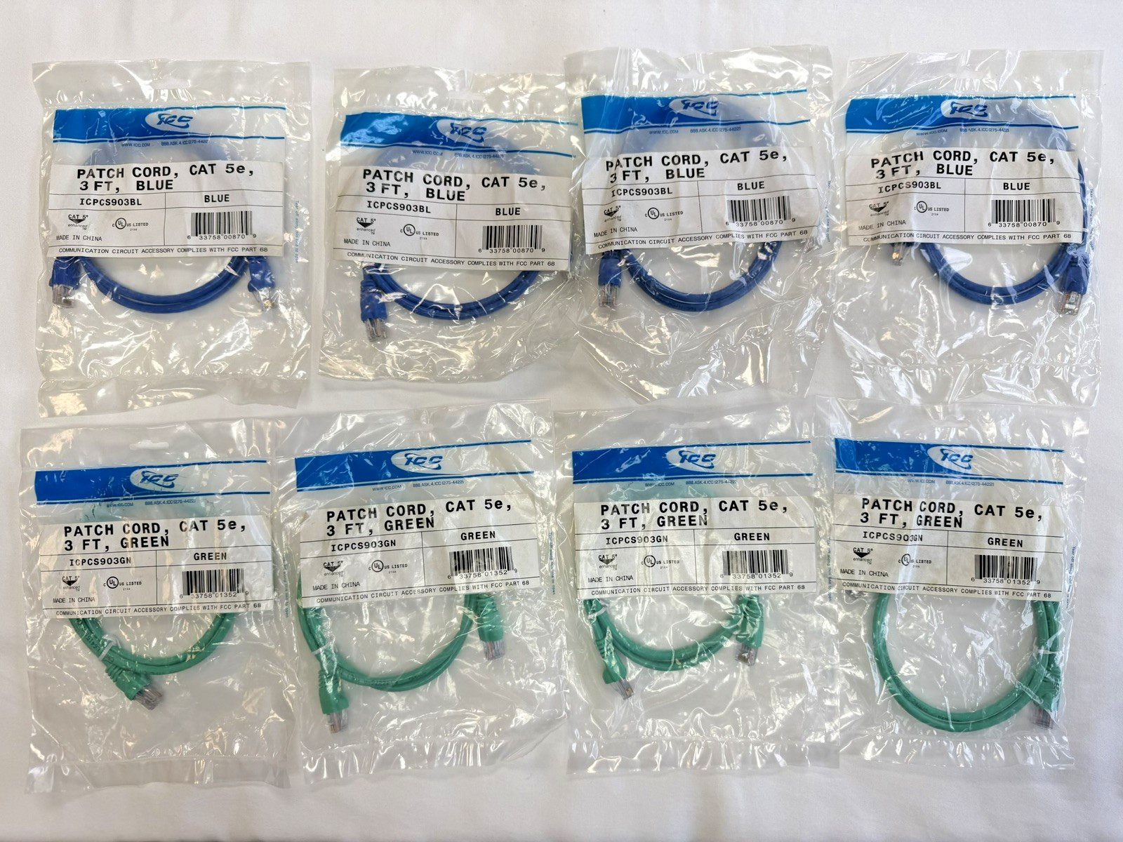 8 ICC CAT5e Ethernet Patch Cables 3ft RJ45 NEW + 4 FREE 10ft CAT5e Cords