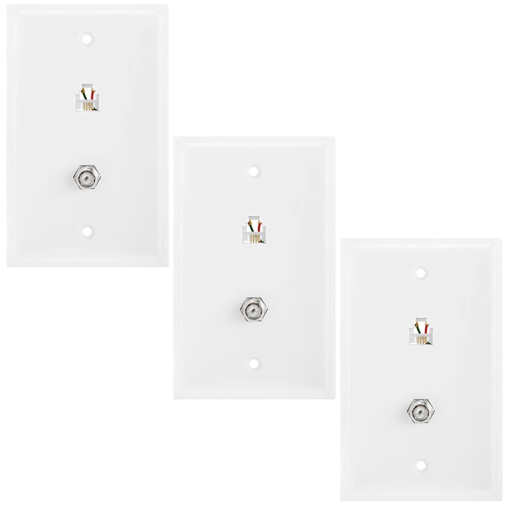 3x F Type Coax Cable Connector RJ11 RJ12 Phone Line Wall Plate TV Antenna White