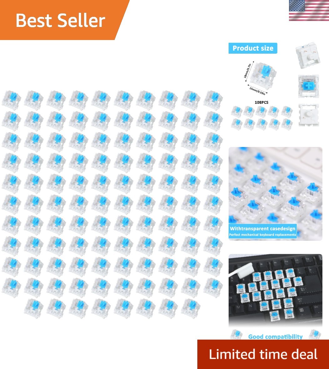 108 Pcs Mechanical Keyboard Switch 3 Pin Pre-Lubricated Clicky Key Switches