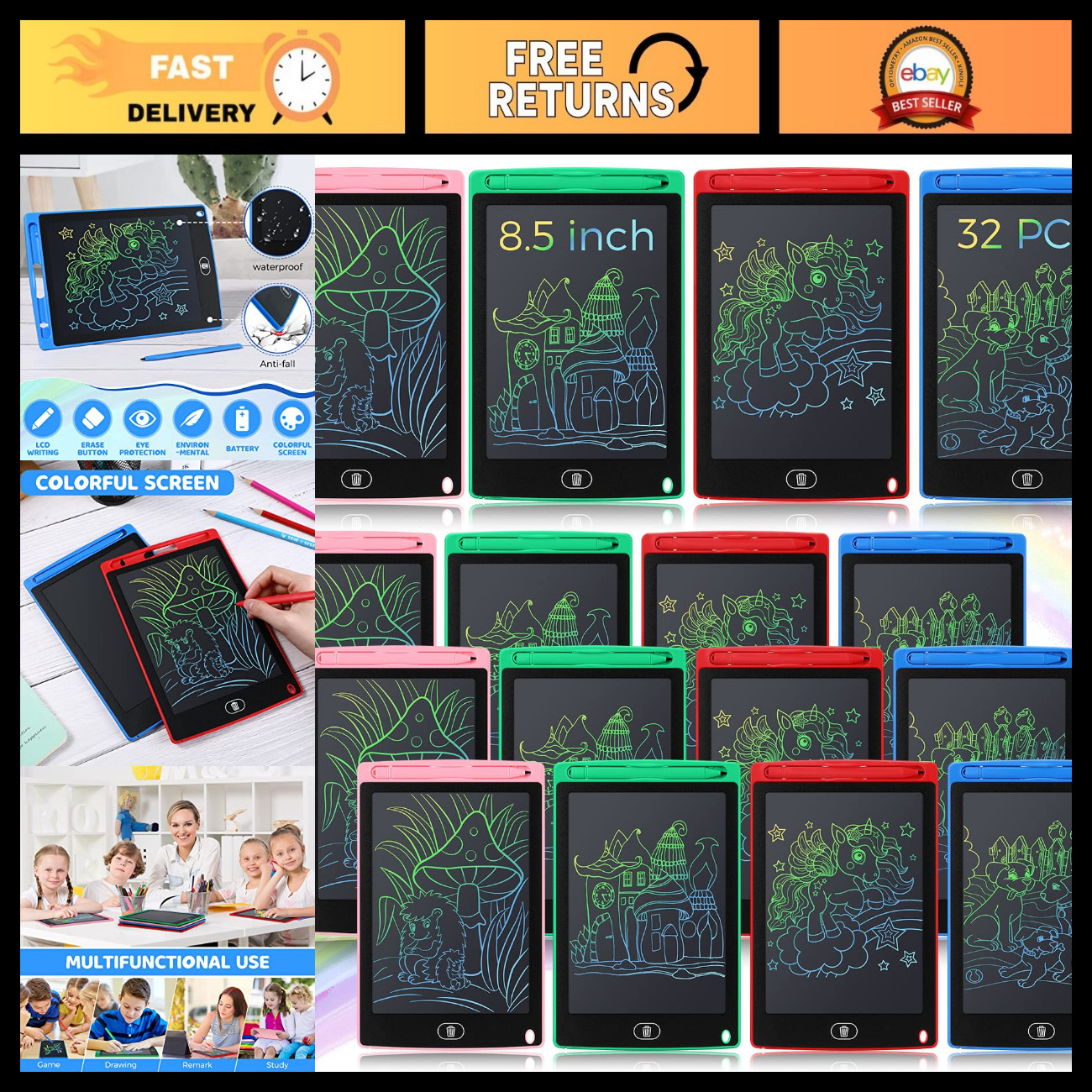 32 Pcs LCD Writing Tablet for Kids - 8.5" Erasable Doodle Board, Drawing Pad