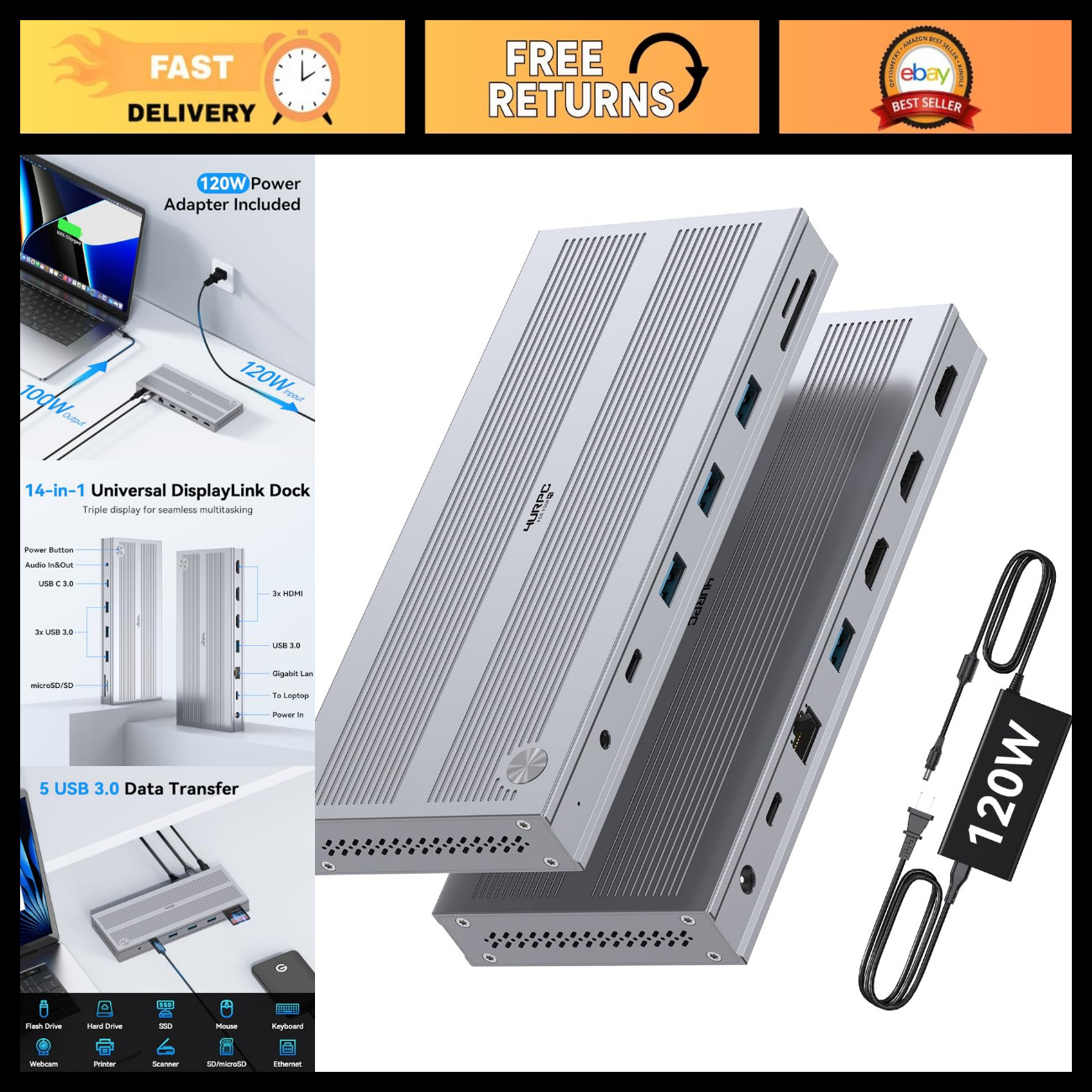 Triple Monitor Docking Station, 120W Power Adapter, 5 USB Ports, USB-C Hub