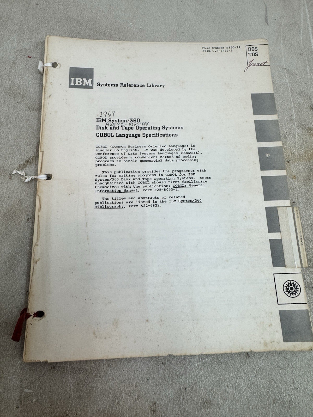 IBM System/360 Disk & Tape Operating Systems COBOL Language Specs Manual