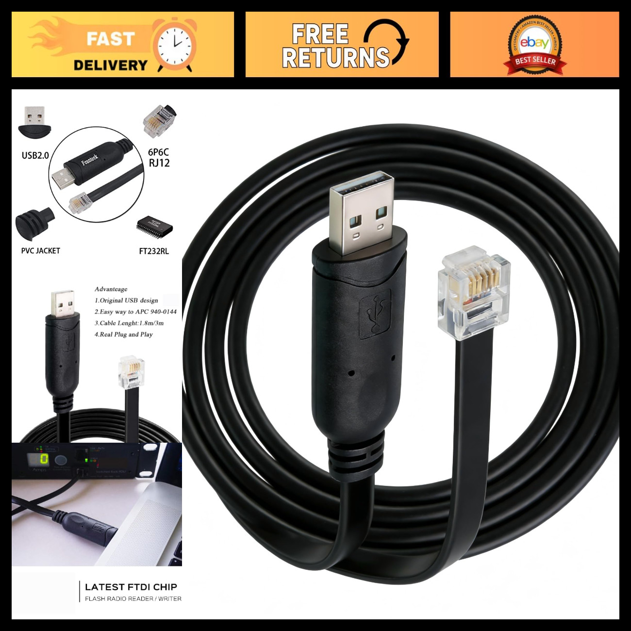 USB to RJ12 Serial Cable for APC PDU Console - 10FT/3M Replacement for UPS Model