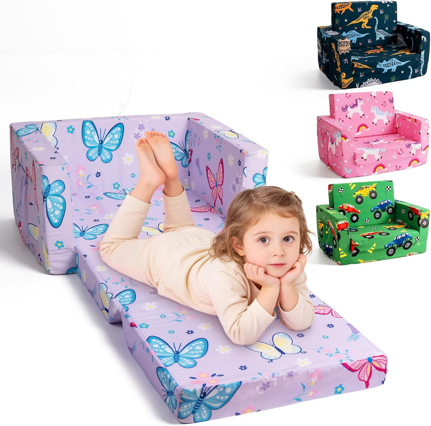 Toddler Couch, 2-In-1 Foldable Kids Comfy Chair & Lounger, Purple Butterfly | 30