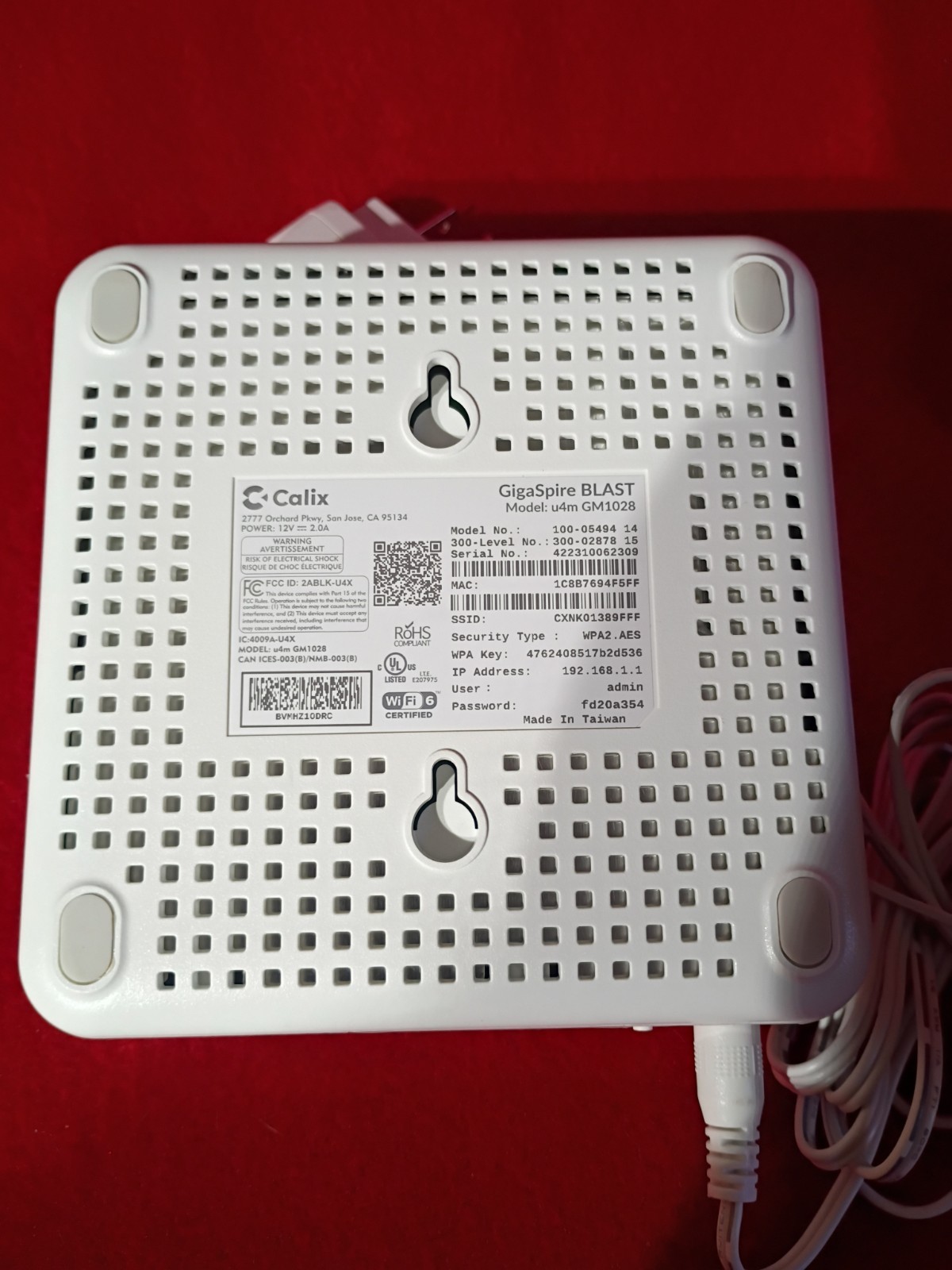 Calix GigaSpire BLAST u4 WiFi 6 Router 100-05494 