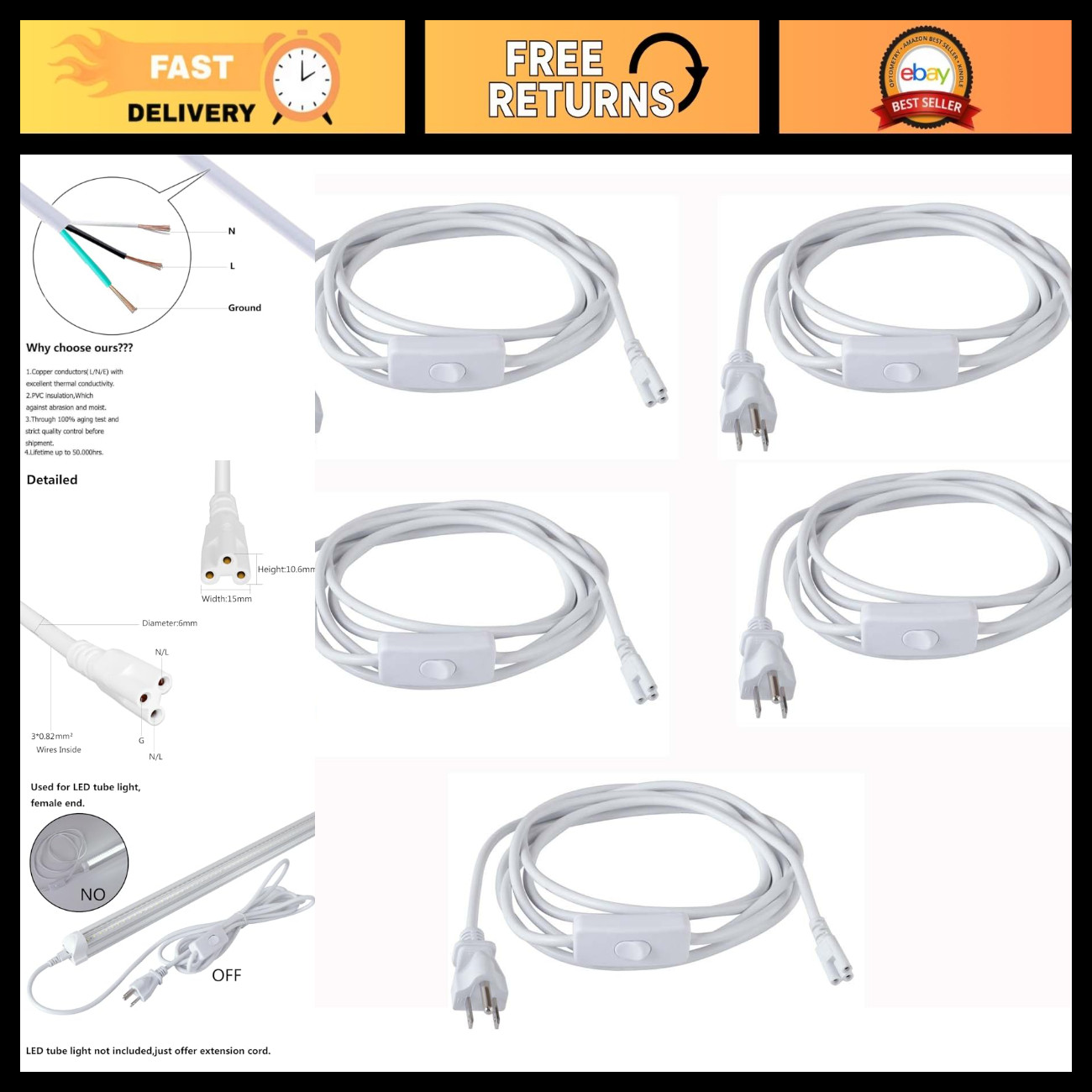 10FT Power Cords 3-Prong Plug with On/Off Switch - 5-Pack for T5 T8 Lights