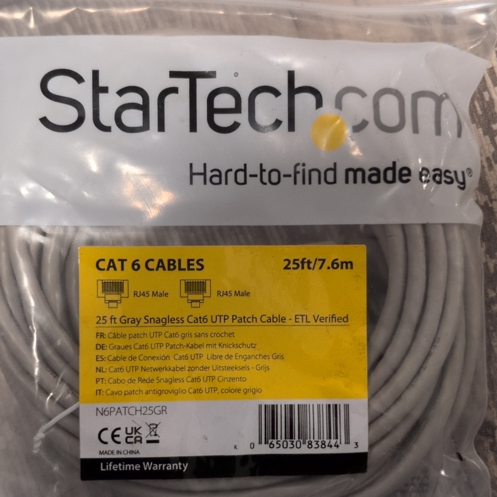 StarTech.com Cat6 UTP Ethernet Patch Cable 25ft Gray Snagless RJ45 M/M