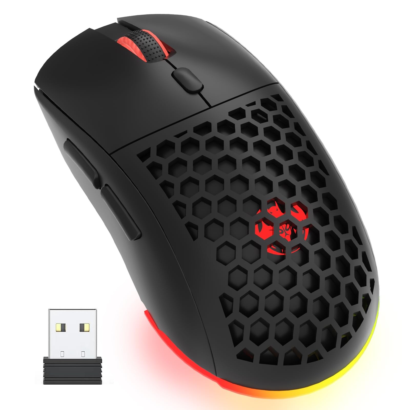 Wireless Lightweight Gaming Mouse Honeycomb with 7 Button Multi RGB Black