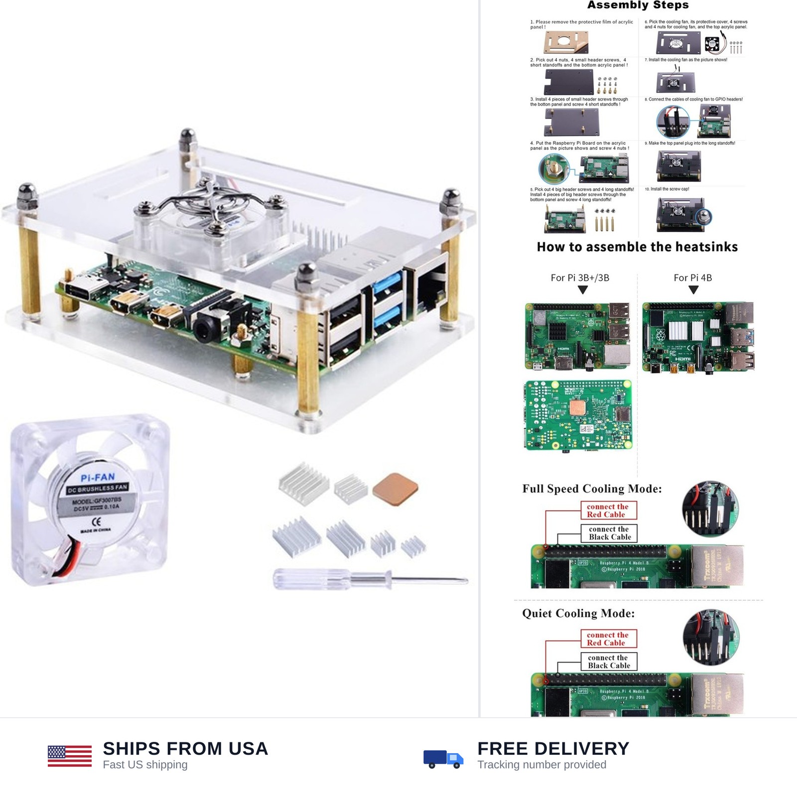GeeekPi Acrylic case for Raspberry Pi 4 3B+ with cooling fan and 7 heatsinks