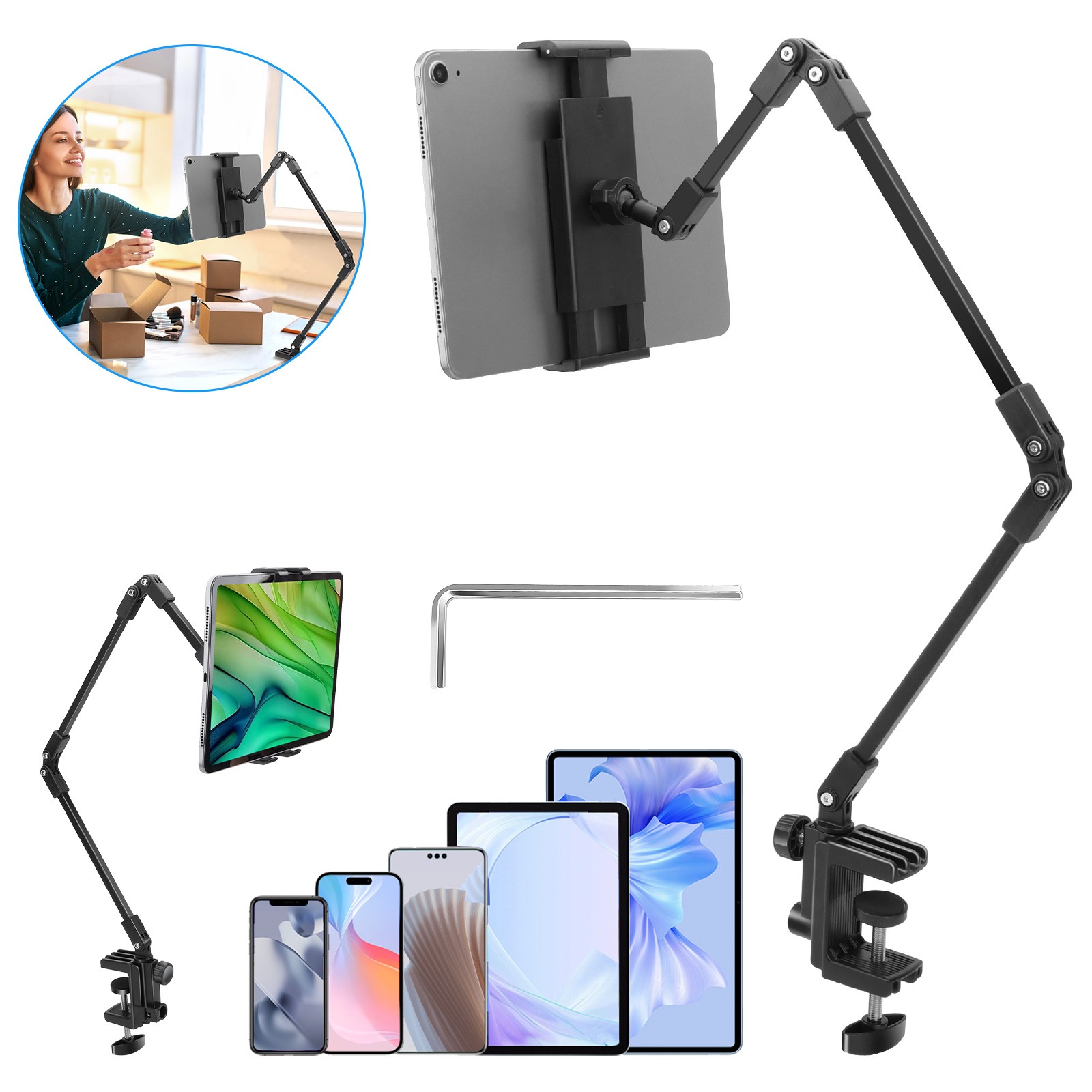 Tablet Phone Holder for Bed Desk 360° Rotation Long Arm Mount Fit 4-12.9"Devices
