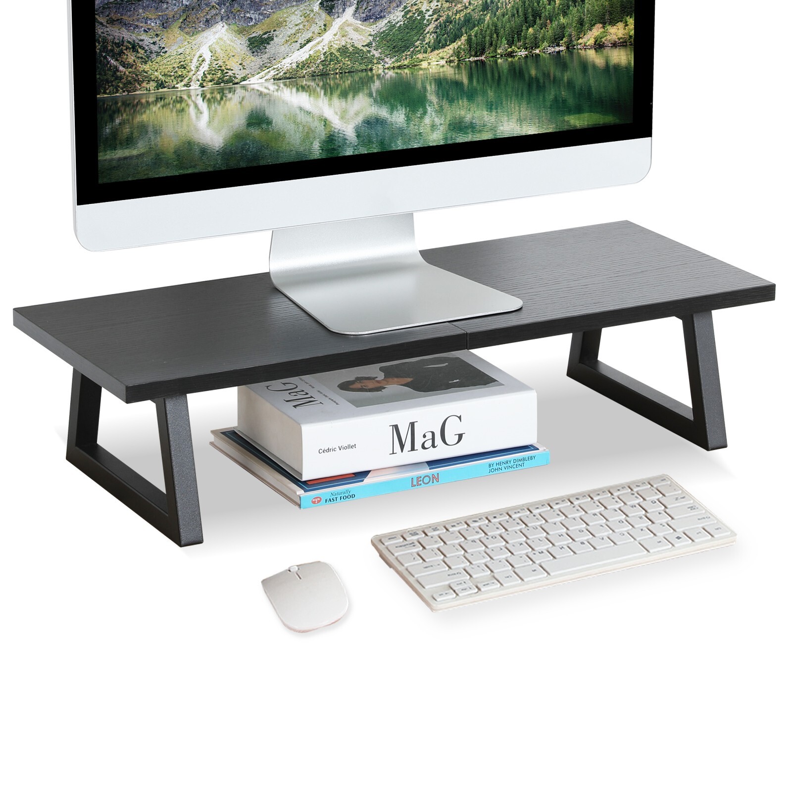 TEAMIX 24 inch Monitor Stand Riser, Black Wood & Steel Computer Monitor Stand