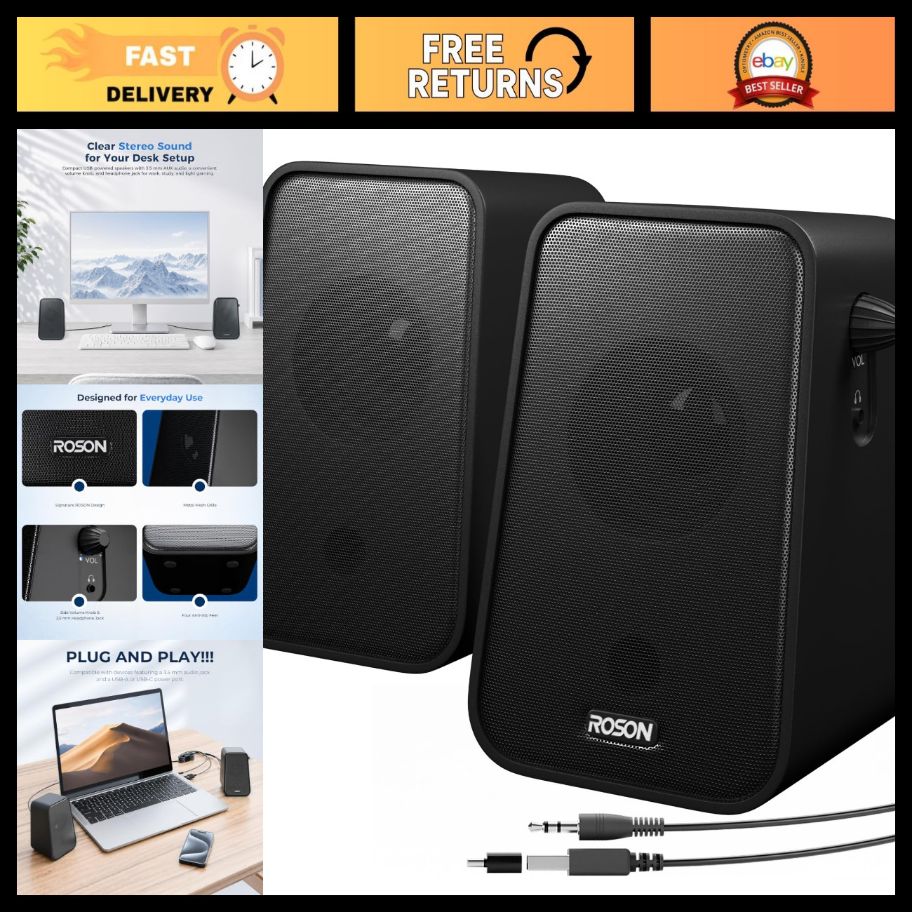 Desktop PC Speakers with Volume Control, Headphone Jack, High-Quality Sound