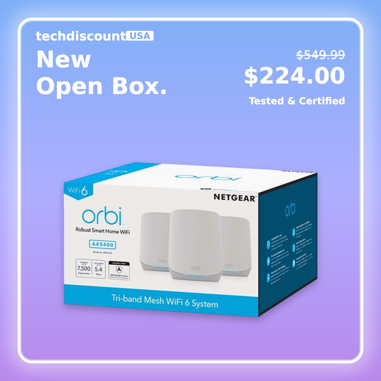 Netgear Orbi AX5400 Mesh WiFi 6 System 3-Pack RBK763S-100NAS