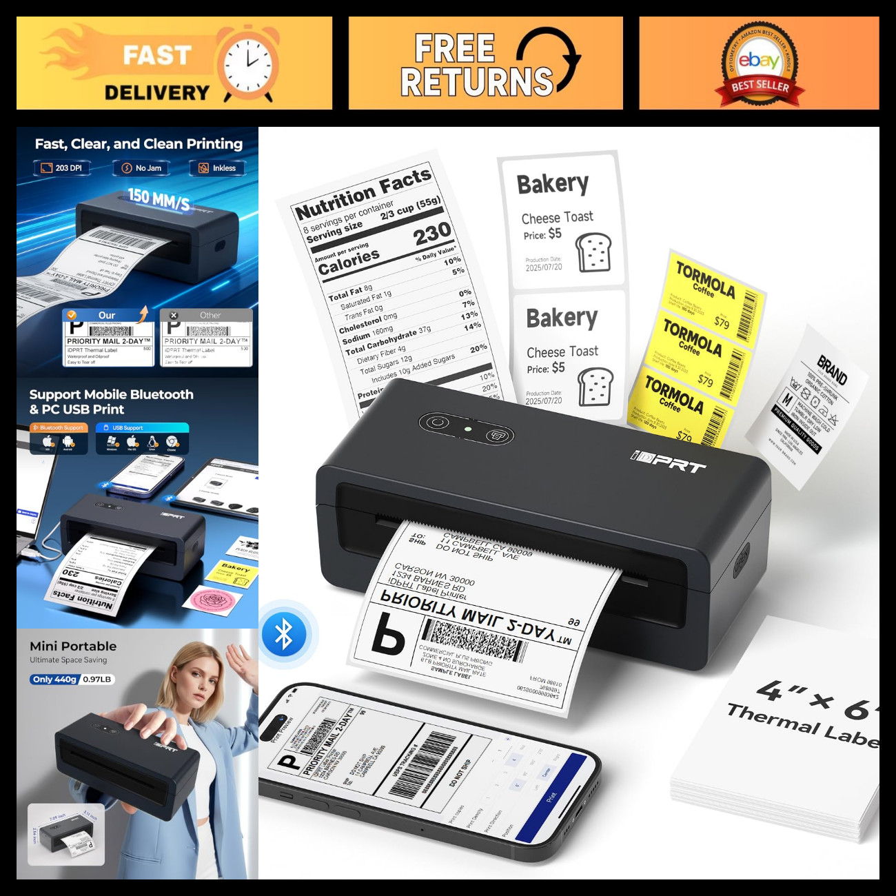 Portable Bluetooth Thermal Label Printer for Shipping & Address Labels - 4x6 Com